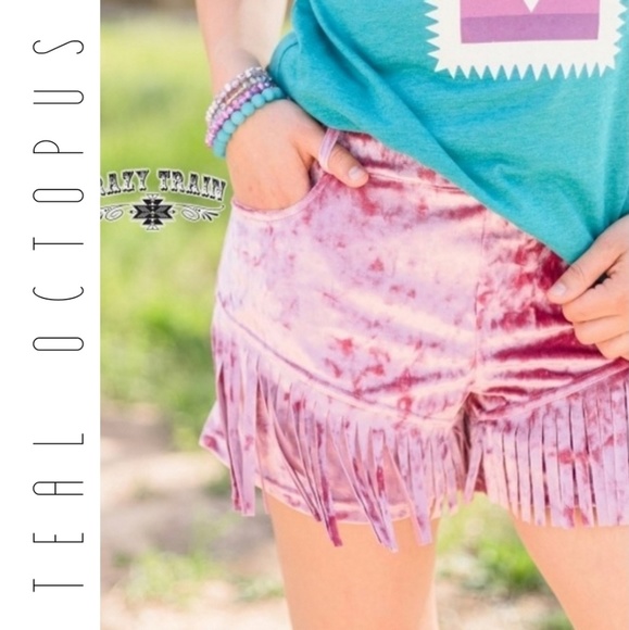 Crazy Train Pants - CRAZY TRAIN PINK VELVET SHORTS FRINGE RODEO 2XL